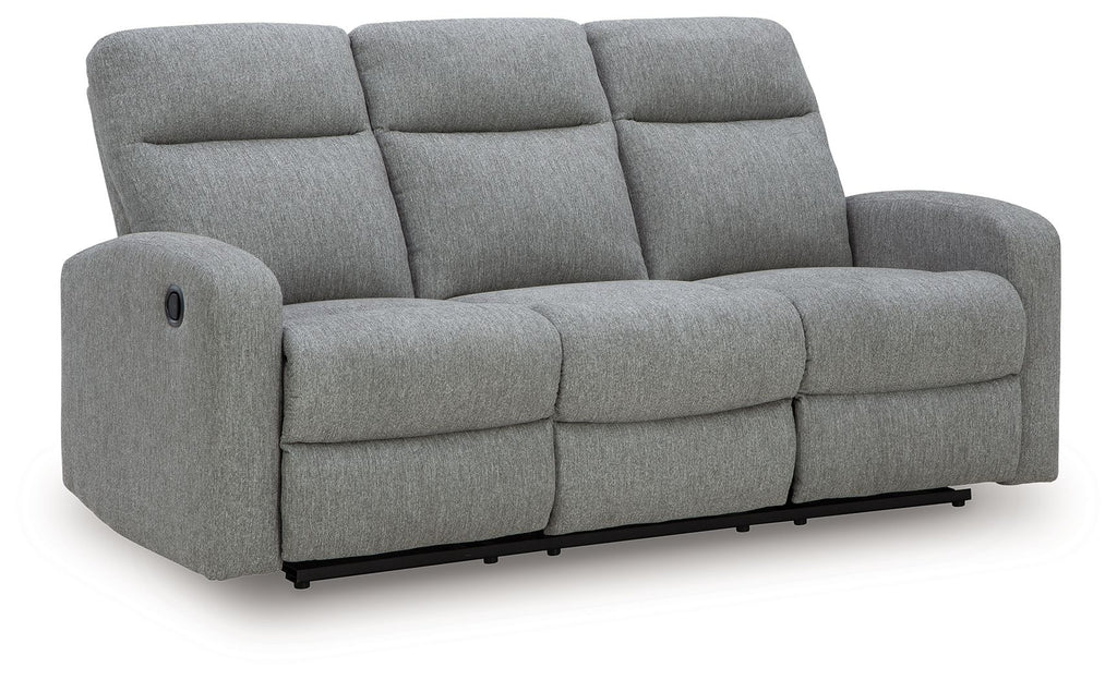 Gauntlet Sterling reclining sofa, gray fabric with padded arms and split seat back