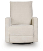 Swivel glider recliner, light canvas upholstery with wide arms and padded seat