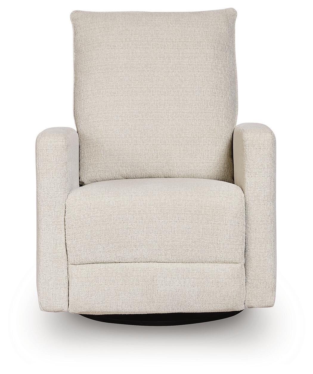 Swivel glider recliner, light canvas upholstery with wide arms and padded seat