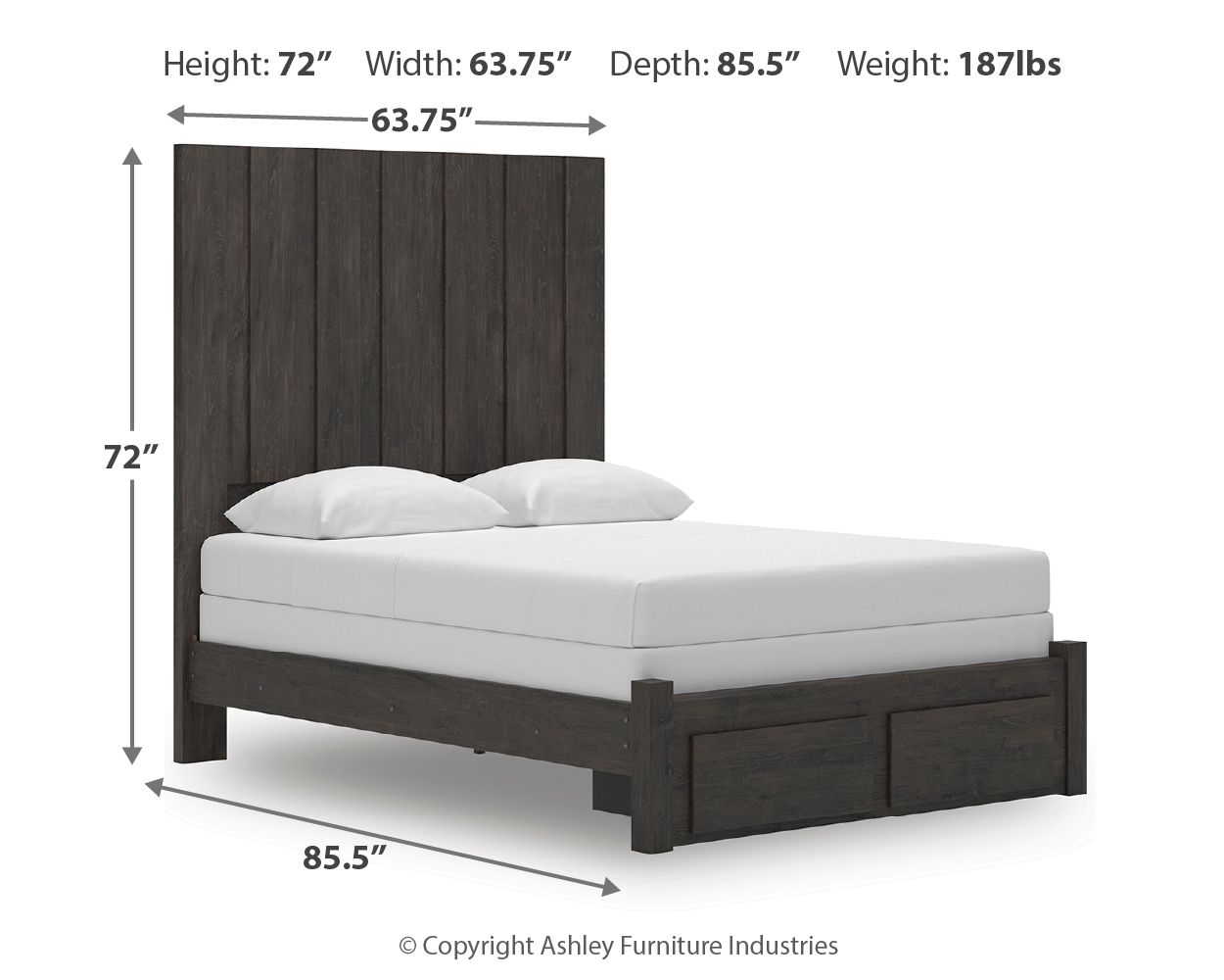 Dark gray storage bed with height and width measurement diagram, white mattress and pillows