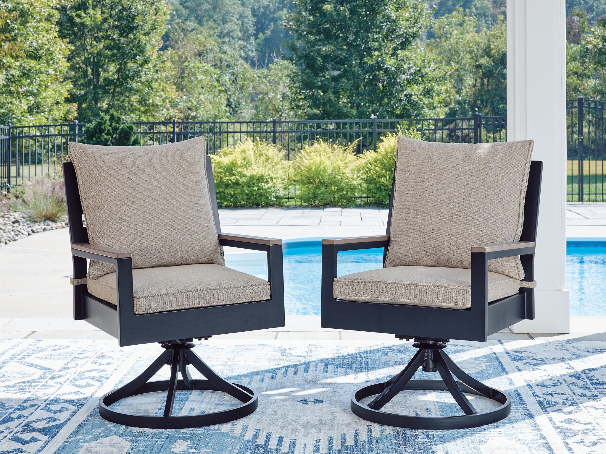 Blue swivel chair set of 2 with tall back and light beige cushion, star base