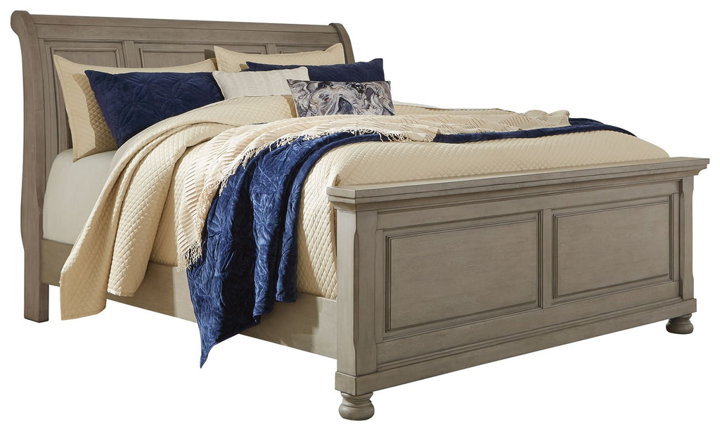 Lettner sleigh bed with two-drawer storage, gray frame and panel headboard