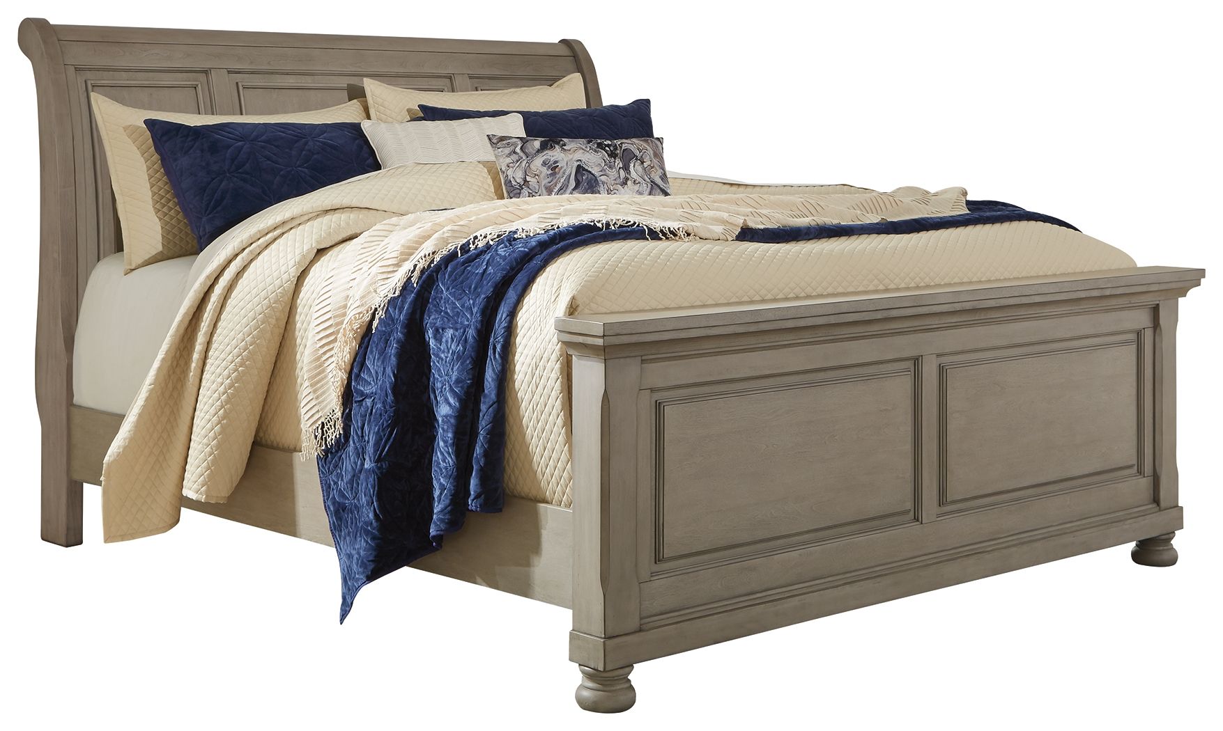 Lettner sleigh bed with two-drawer storage, gray frame and panel headboard