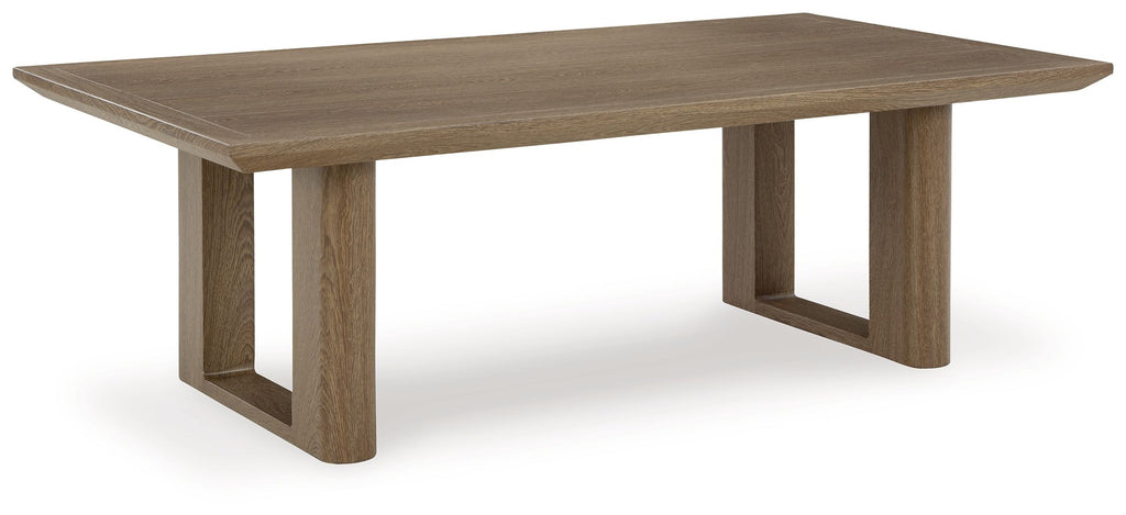 Rectangular cocktail table with dark brown wood-look top and four sturdy legs