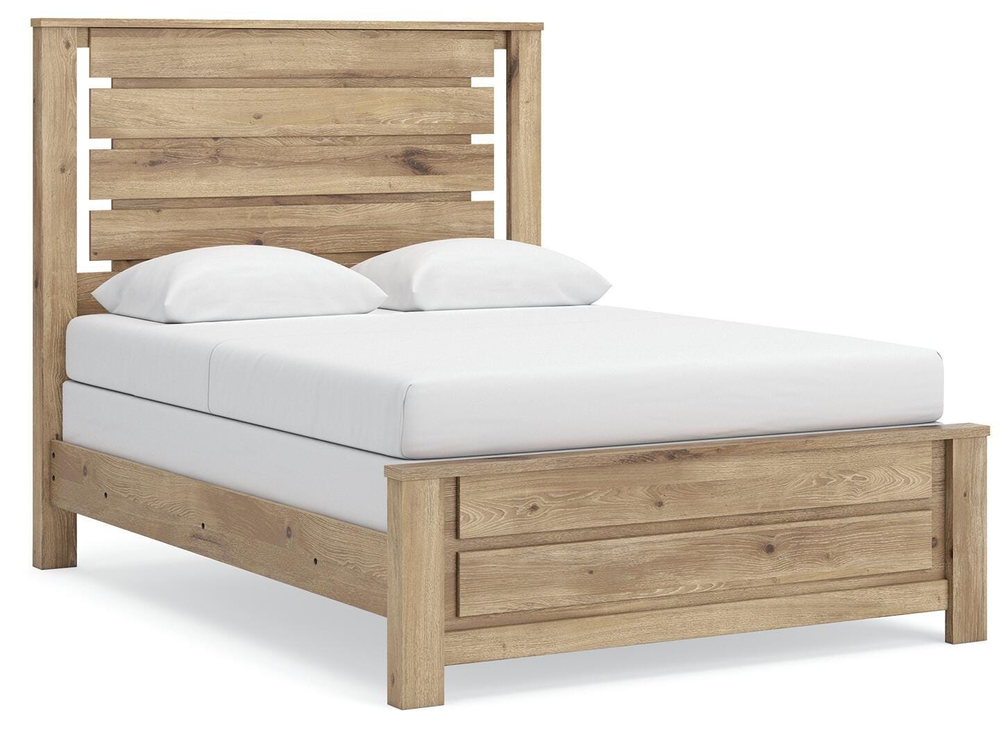 Queen panel bed with tan wood frame and panel headboard, includes white upholstered mattress.