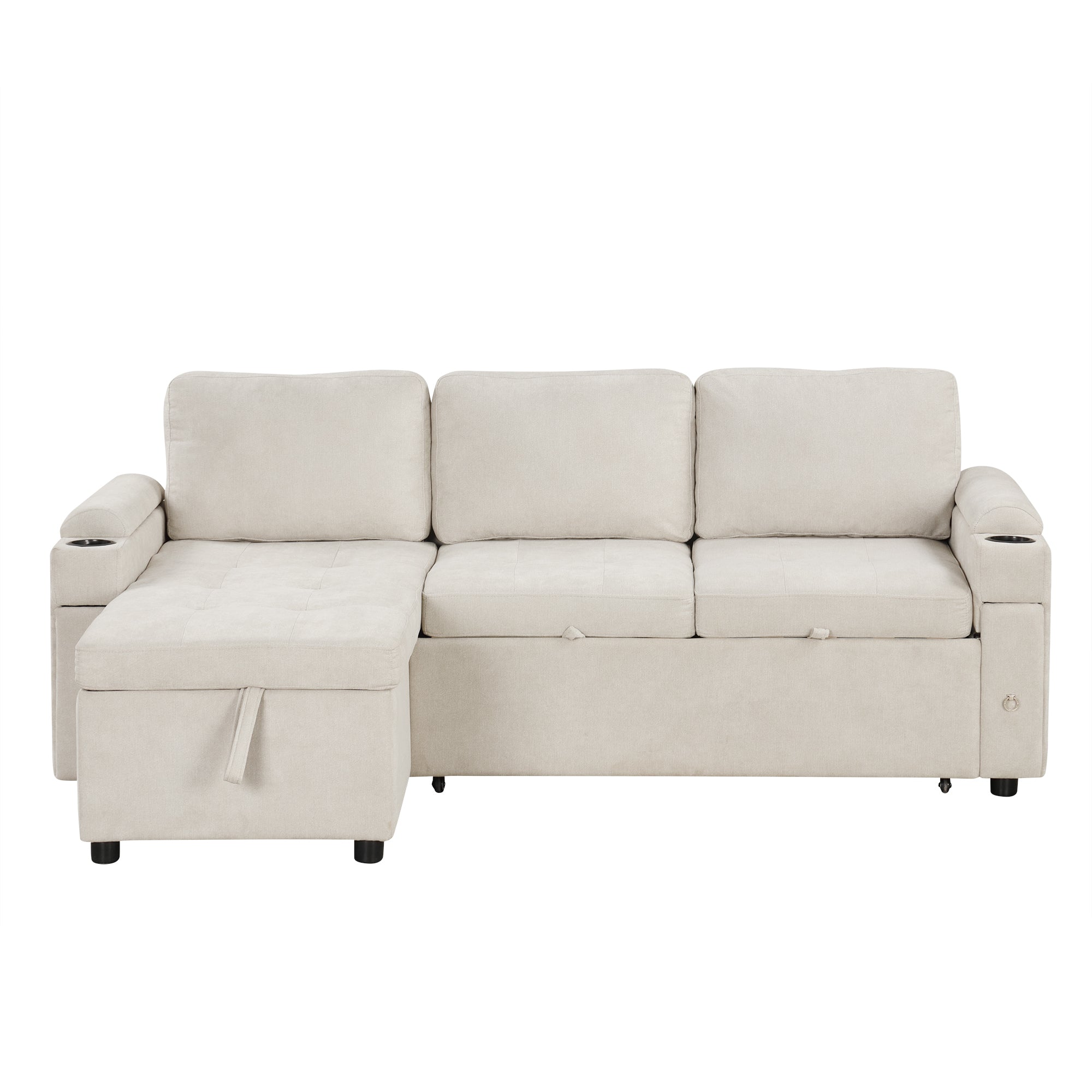 Beige Convertible L-Sofa Couch: Storage, USB, Cupholders