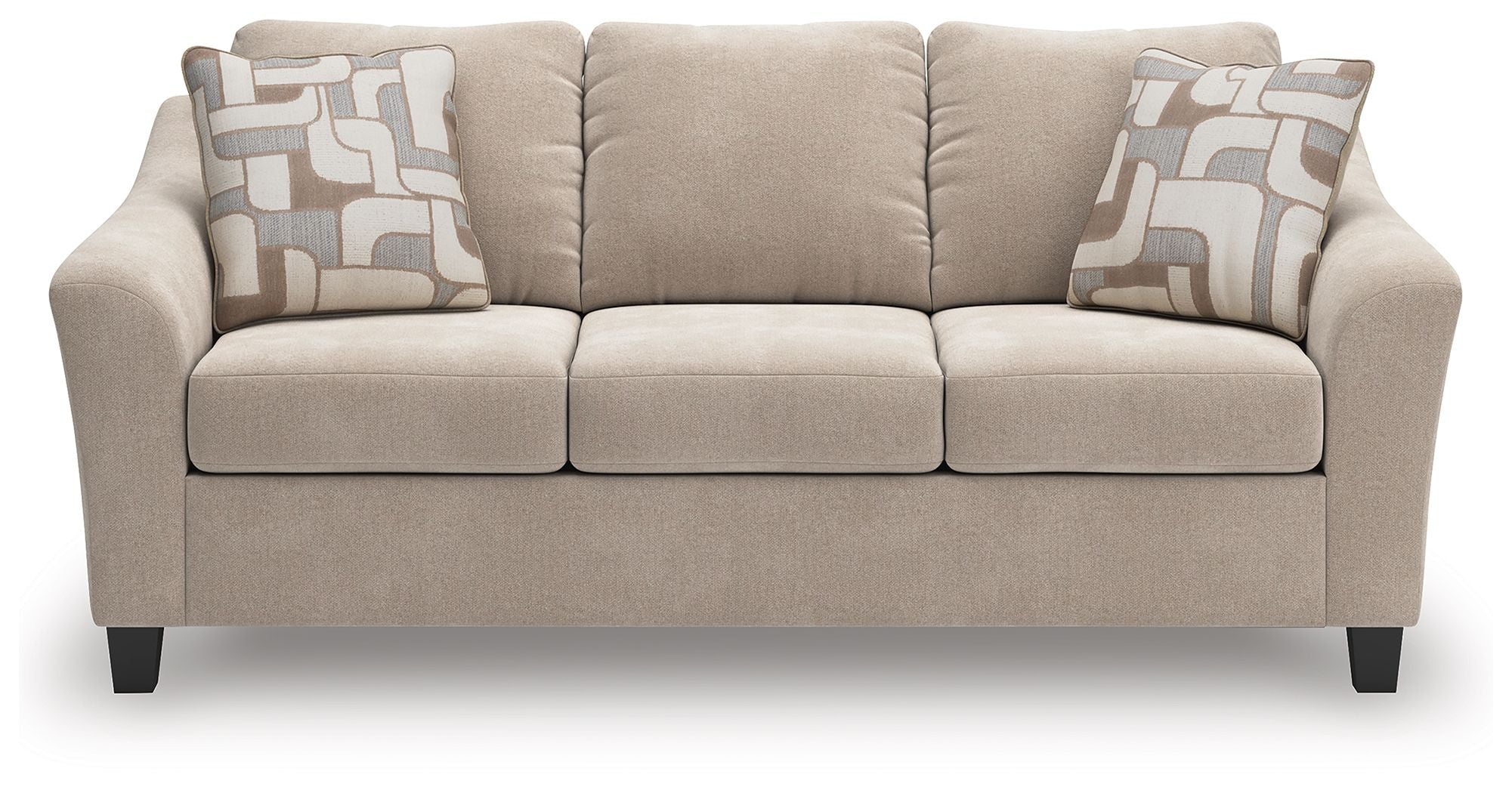 Taupe fabric sofa front view with tufted back and two patterned accent pillows