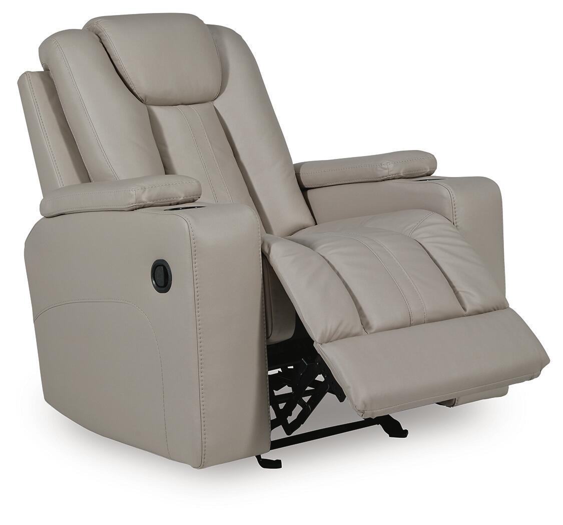 Light gray leather recliner with extended footrest and cushioned chaise-style seat