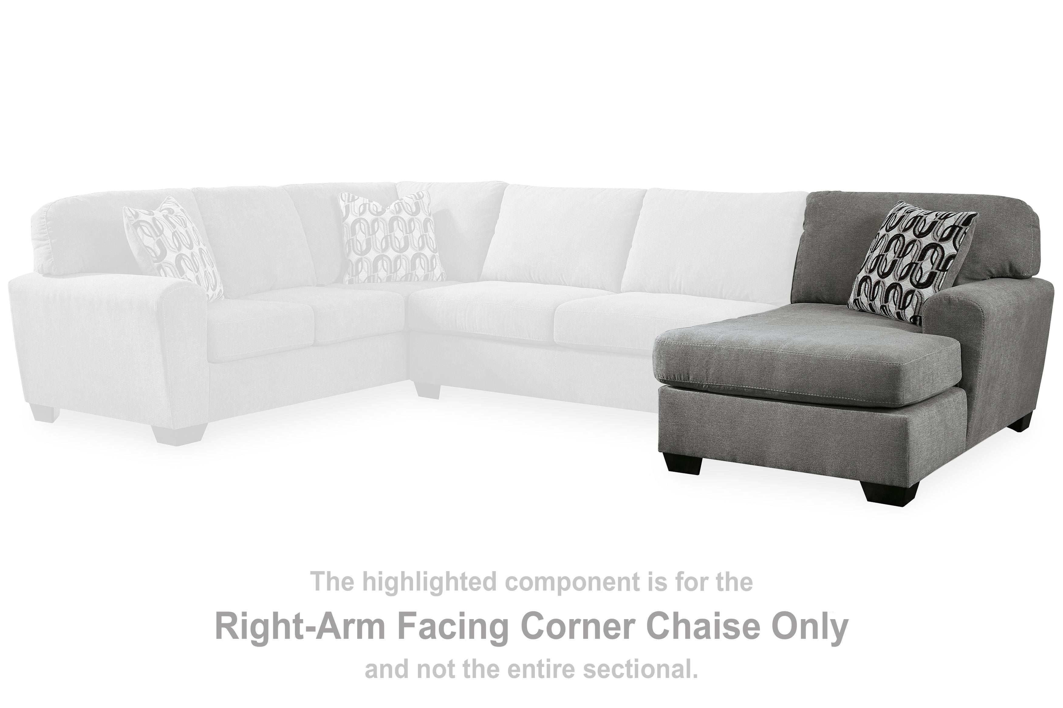 Right-arm facing gray corner chaise with block feet