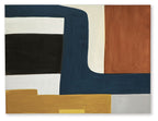 Abstract wall art with navy curves and black, tan, and white rectangles