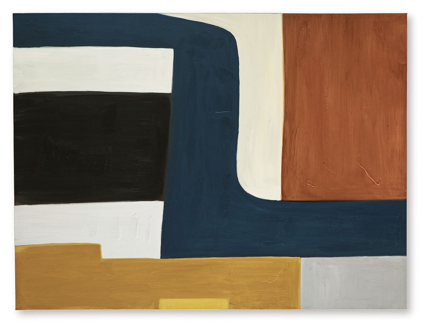 Abstract wall art with navy curves and black, tan, and white rectangles