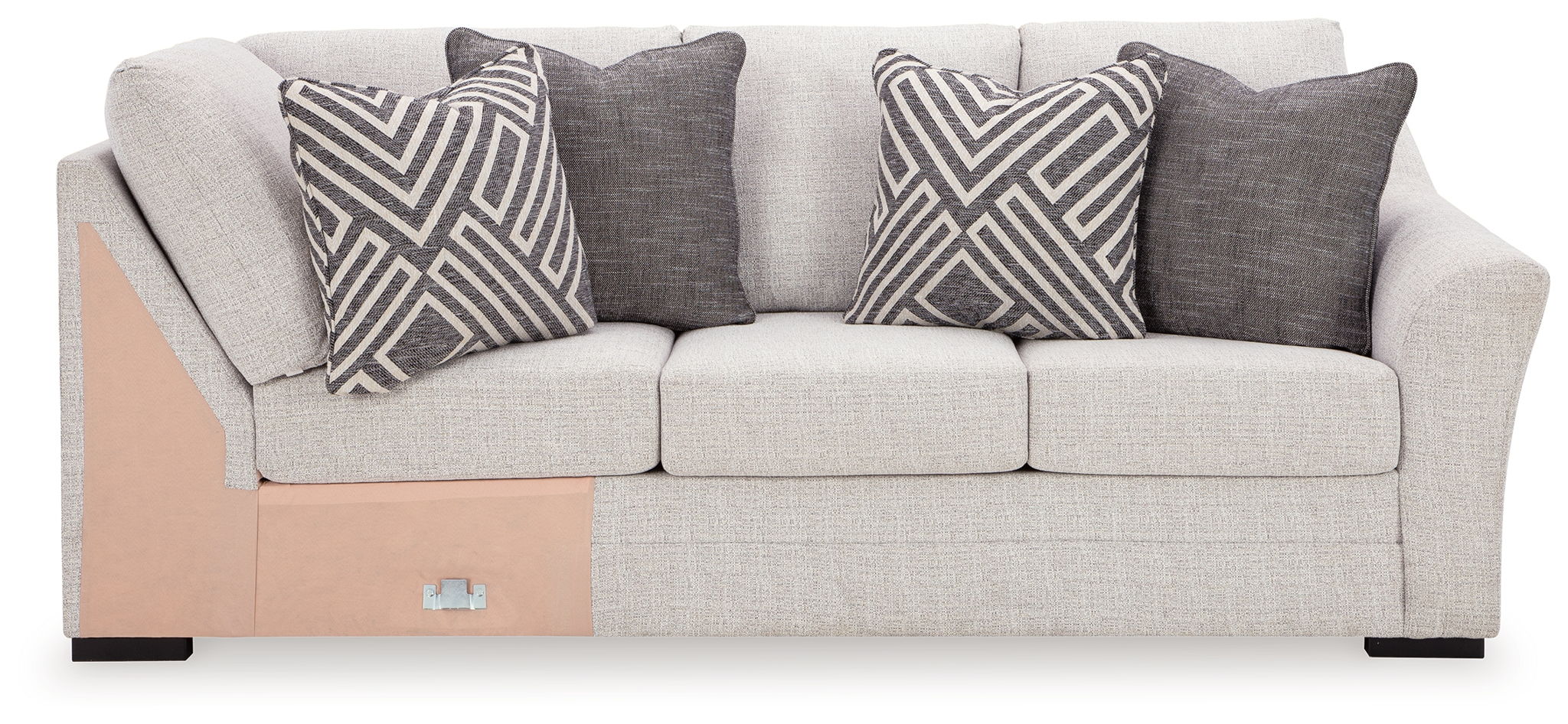 Koralynn Raf sofa with corner wedge, light gray upholstery and patterned cushions