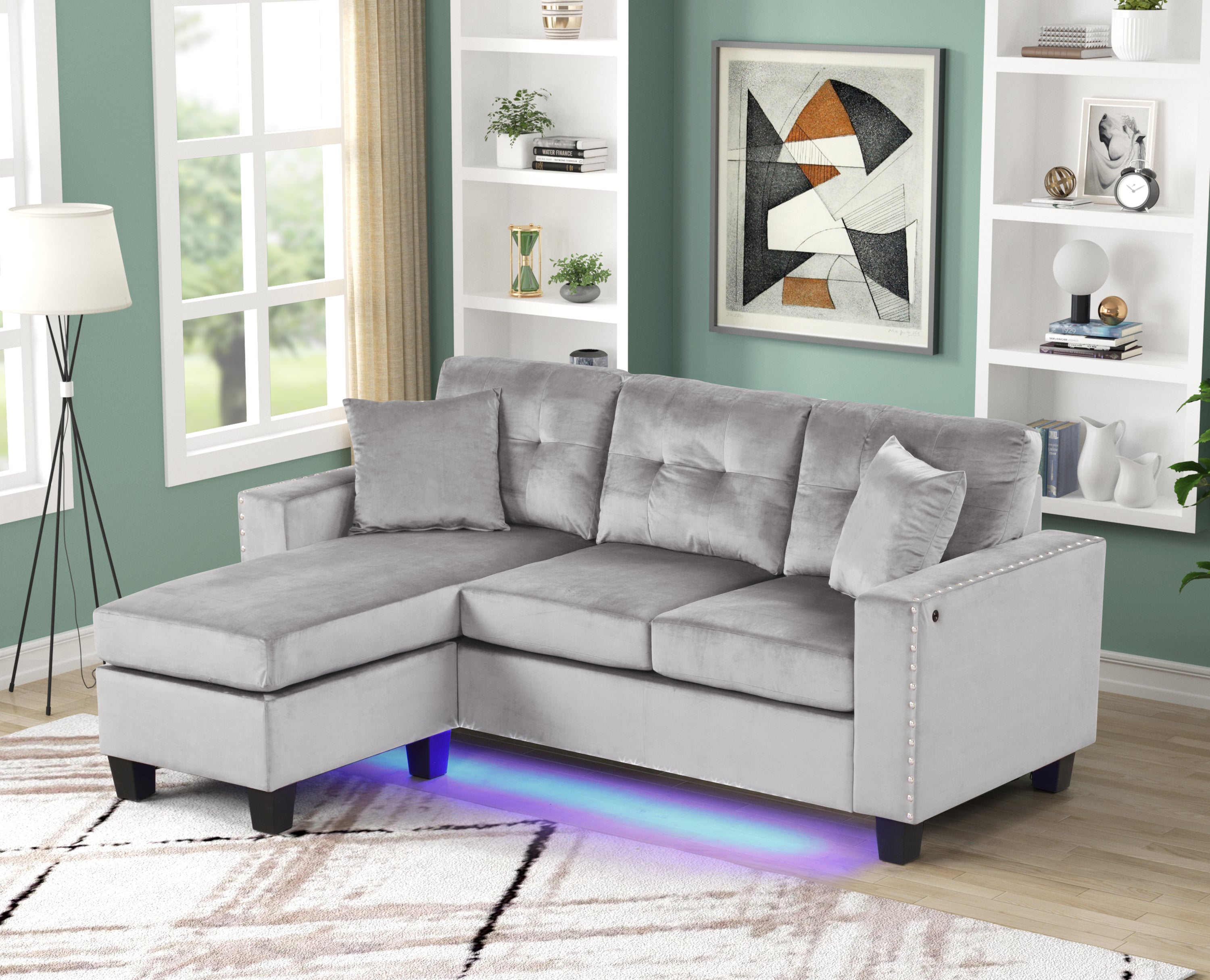 Sorenza Gray Velvet Reversible Sectional Sofa LED USB