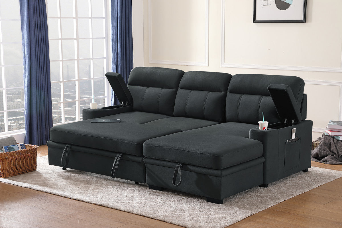 Kaden 94" Black Fabric Sleeper Sectional Chaise w/ Storage