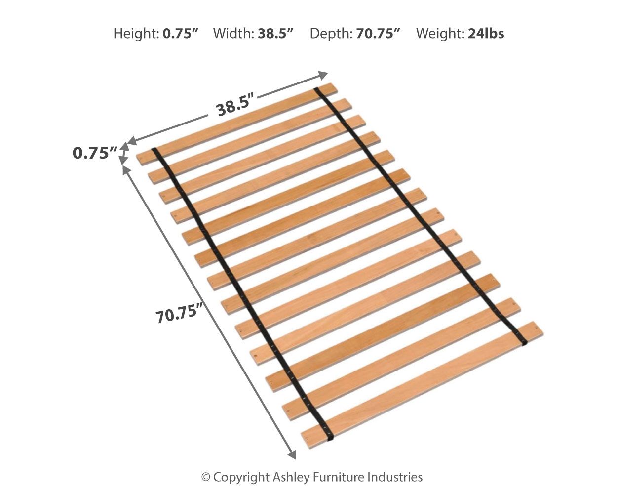 Brown twin roll slats with black straps, angled view of parallel wood slats