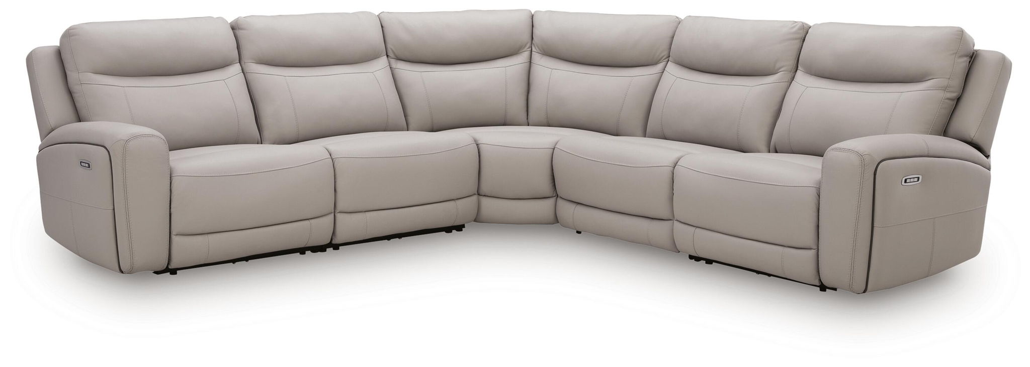 Gray power reclining sectional sofa with padded armrests and back cushions