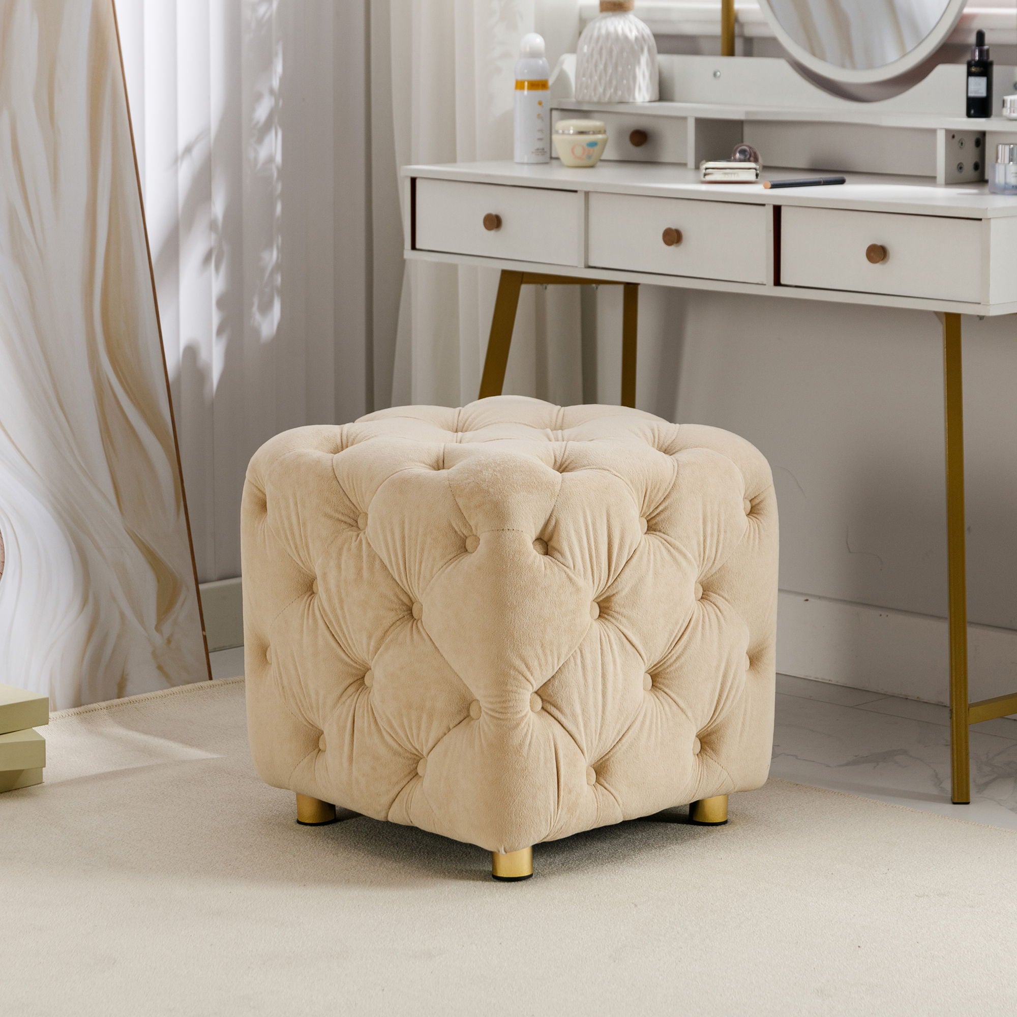 Beige Modern Upholstered Ottoman, Exquisite Small End Table, Soft Foot Stool, Dressing Makeup Chair, Comfortable Seat For Living Room, Bedroom, Entrance