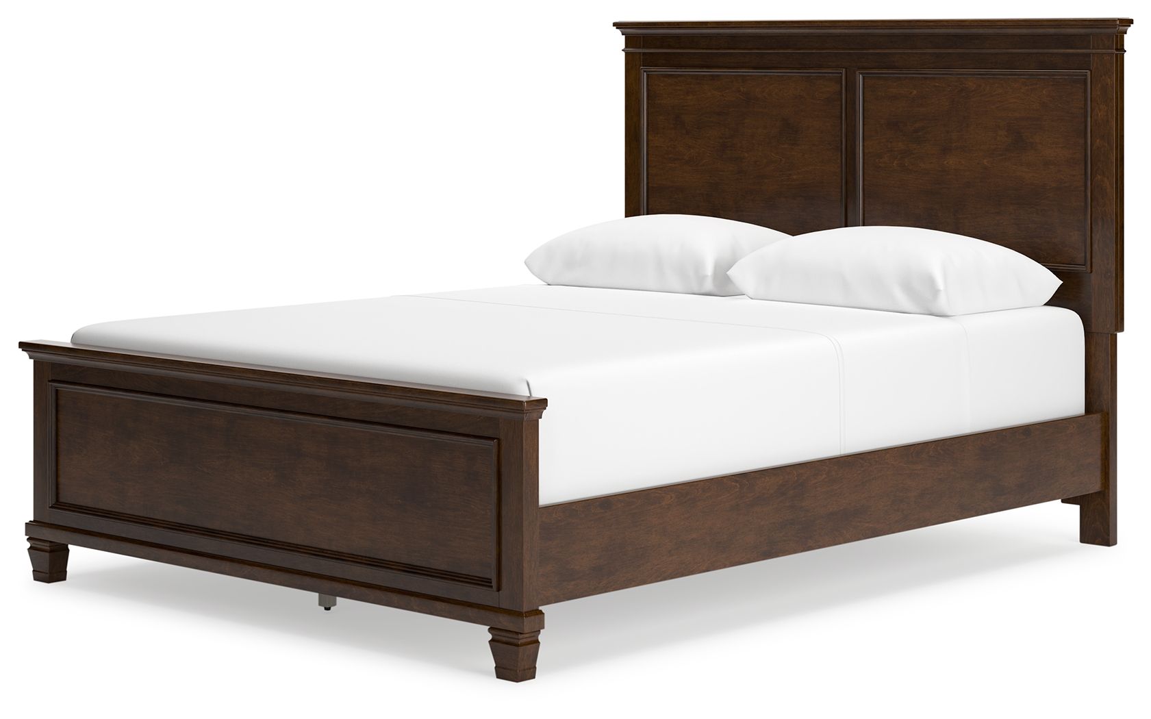 Dark brown panel bed with white mattress and two pillows, side view.