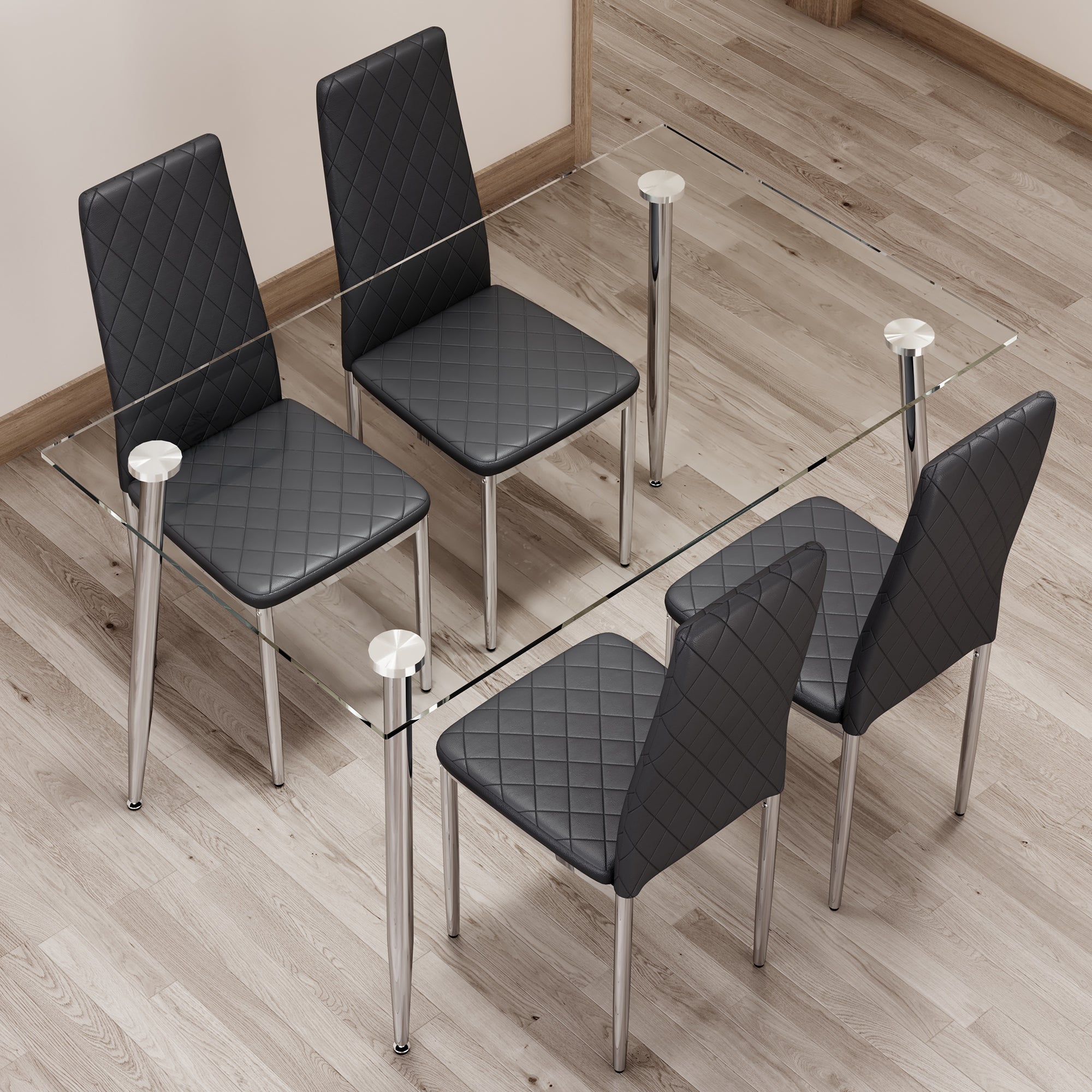 Glass Dining Table & 4 Black Chairs Set