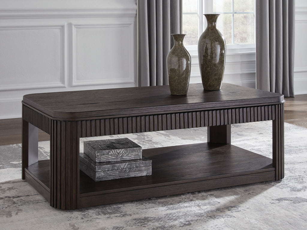 Dark brown rectangular coffee table with slatted sides and open lower shelf, wood-look finish.