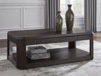 Dark brown rectangular coffee table with slatted sides and open lower shelf, wood-look finish.