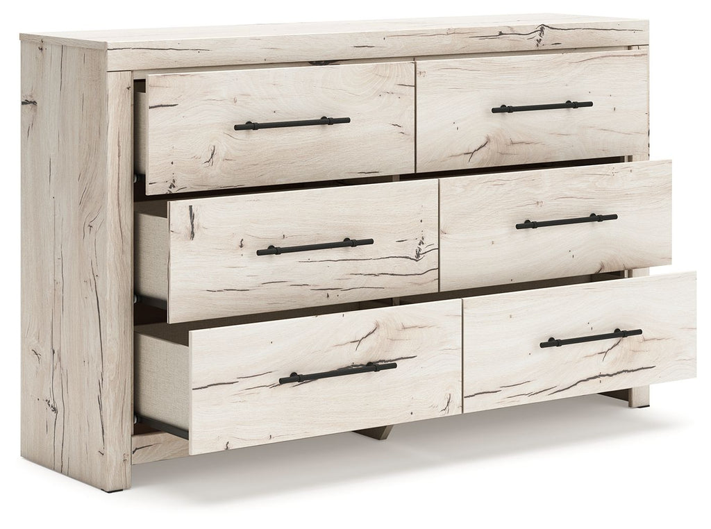 Light natural six-drawer dresser with six drawers and black bar pulls, front corner view.