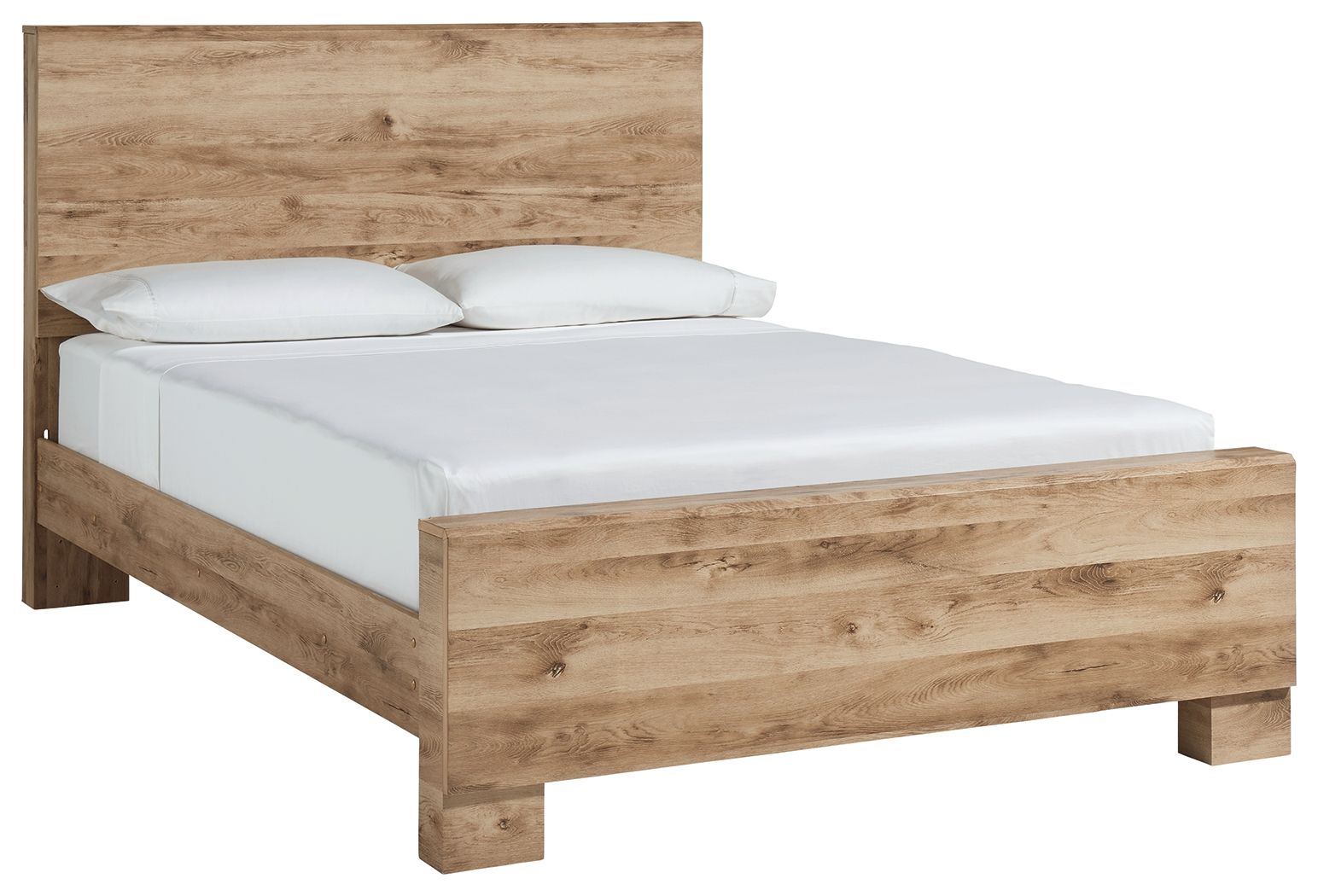 Light beige panel bed with flat headboard, platform frame, and white bedding