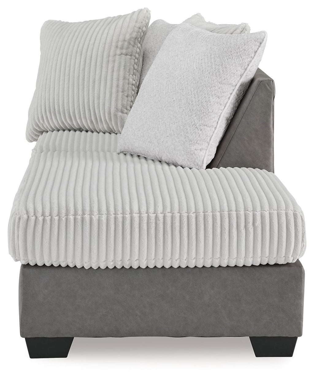 Corner chaise with ribbed light gray upholstery, layered back cushions, dark armrests