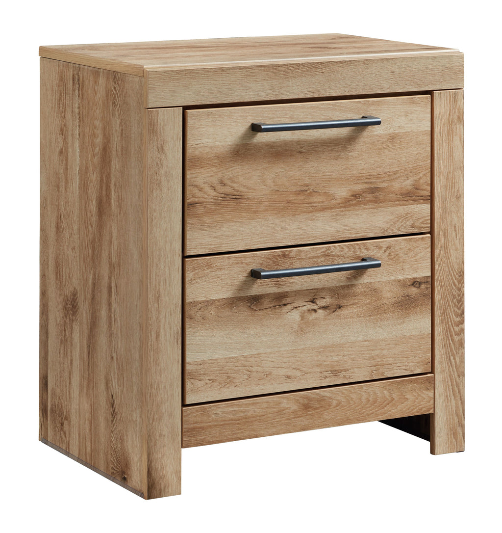 Tan brown two-drawer nightstand with black metal bar pulls