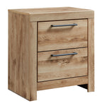 Tan brown two-drawer nightstand with black metal bar pulls