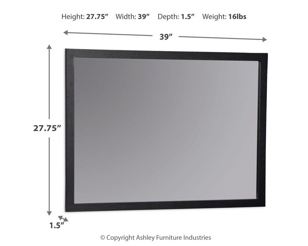 Black bedroom mirror with dark outer frame and inner reflective glass panel
