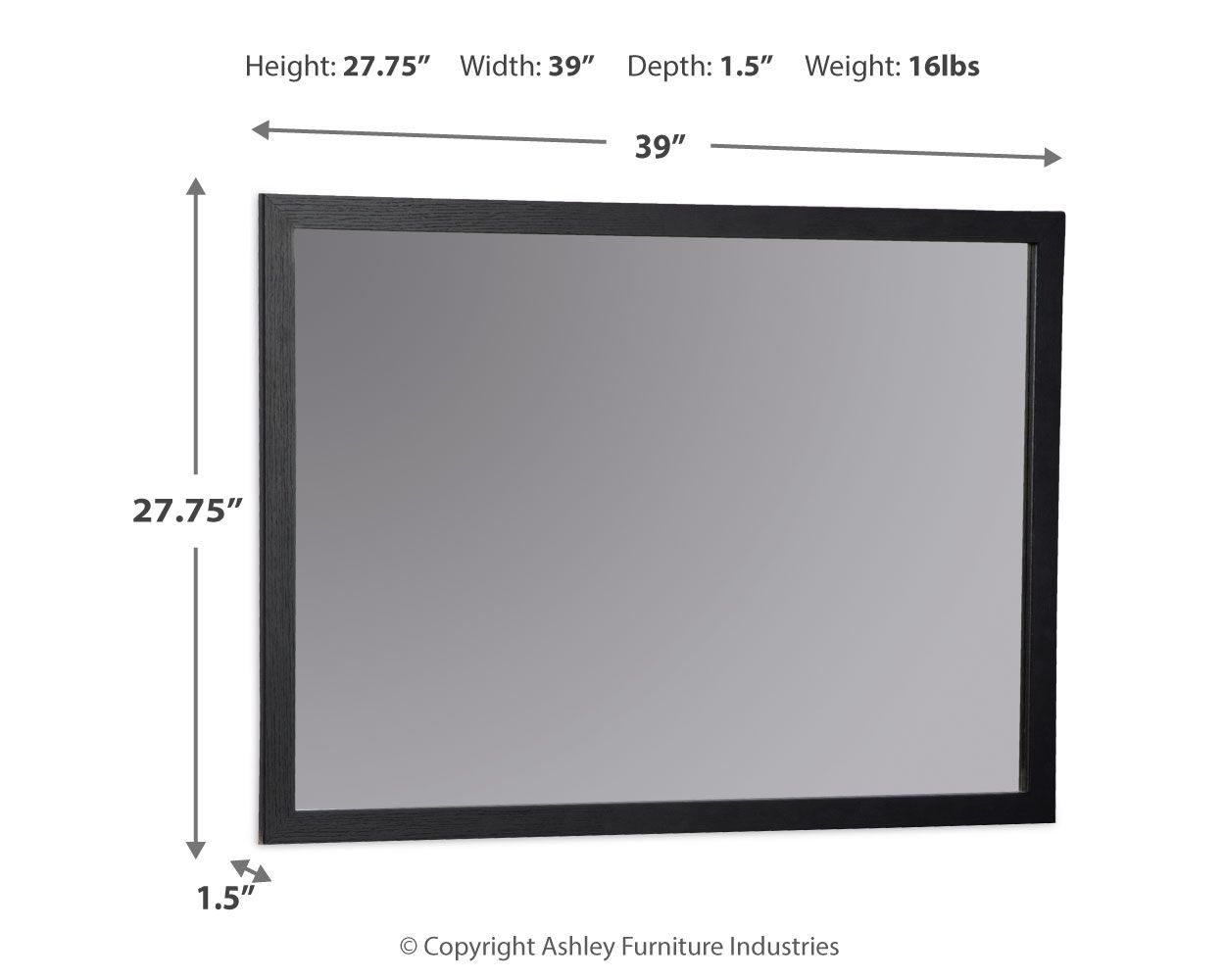 Black bedroom mirror with dark outer frame and inner reflective glass panel