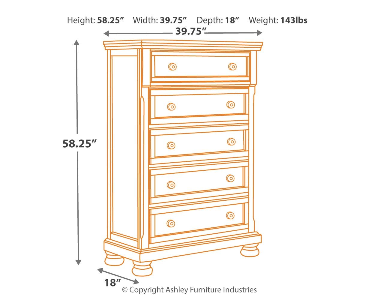 Rustic brown chest of drawers line drawing with height and width measurements