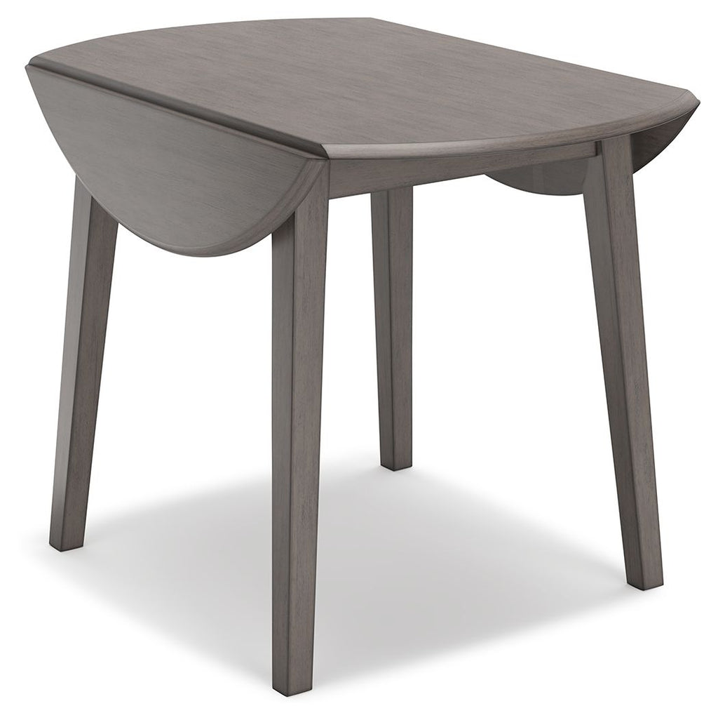 Gray round drop-leaf table, one leaf raised with curved edge and tapered legs