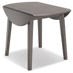Gray round drop-leaf table, one leaf raised with curved edge and tapered legs