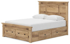 Light brown panel storage bed with white mattress and multiple front drawers