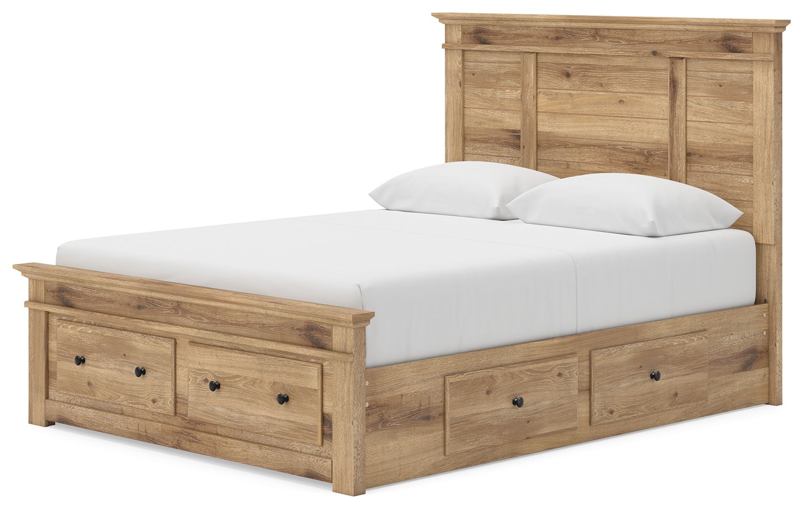 Light brown panel storage bed with white mattress and multiple front drawers