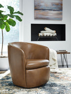 Tan leather-look swivel chair with rounded arms, cushioned seat, and visible swivel base.