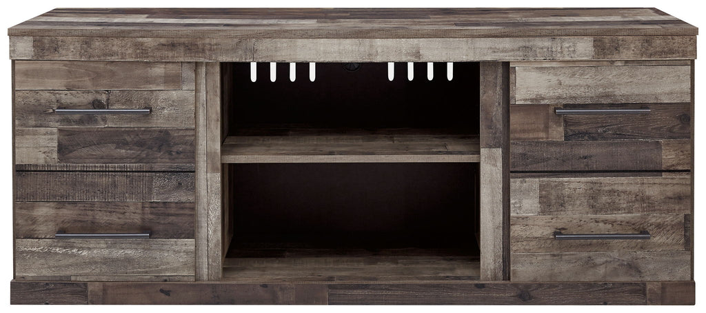 Gray TV stand with three-sided open center bay and top vent for fireplace