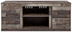 Gray TV stand with three-sided open center bay and top vent for fireplace