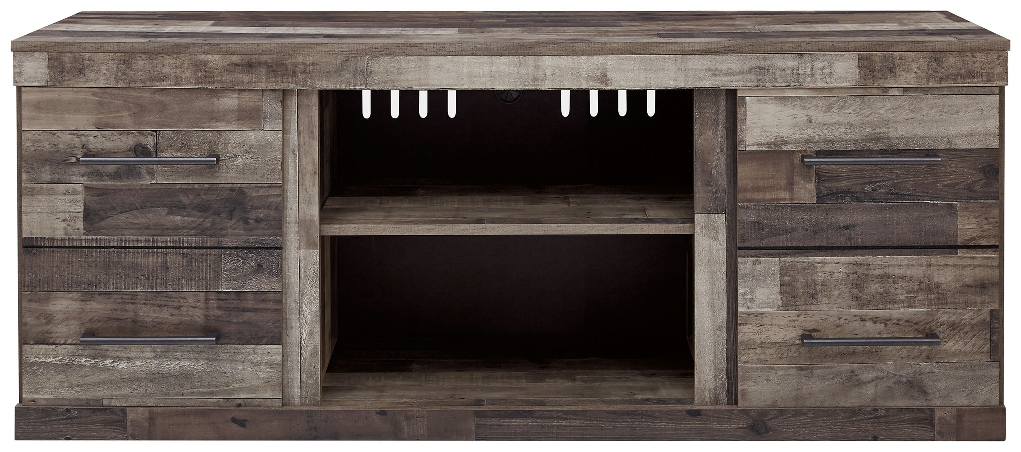 Gray TV stand with three-sided open center bay and top vent for fireplace