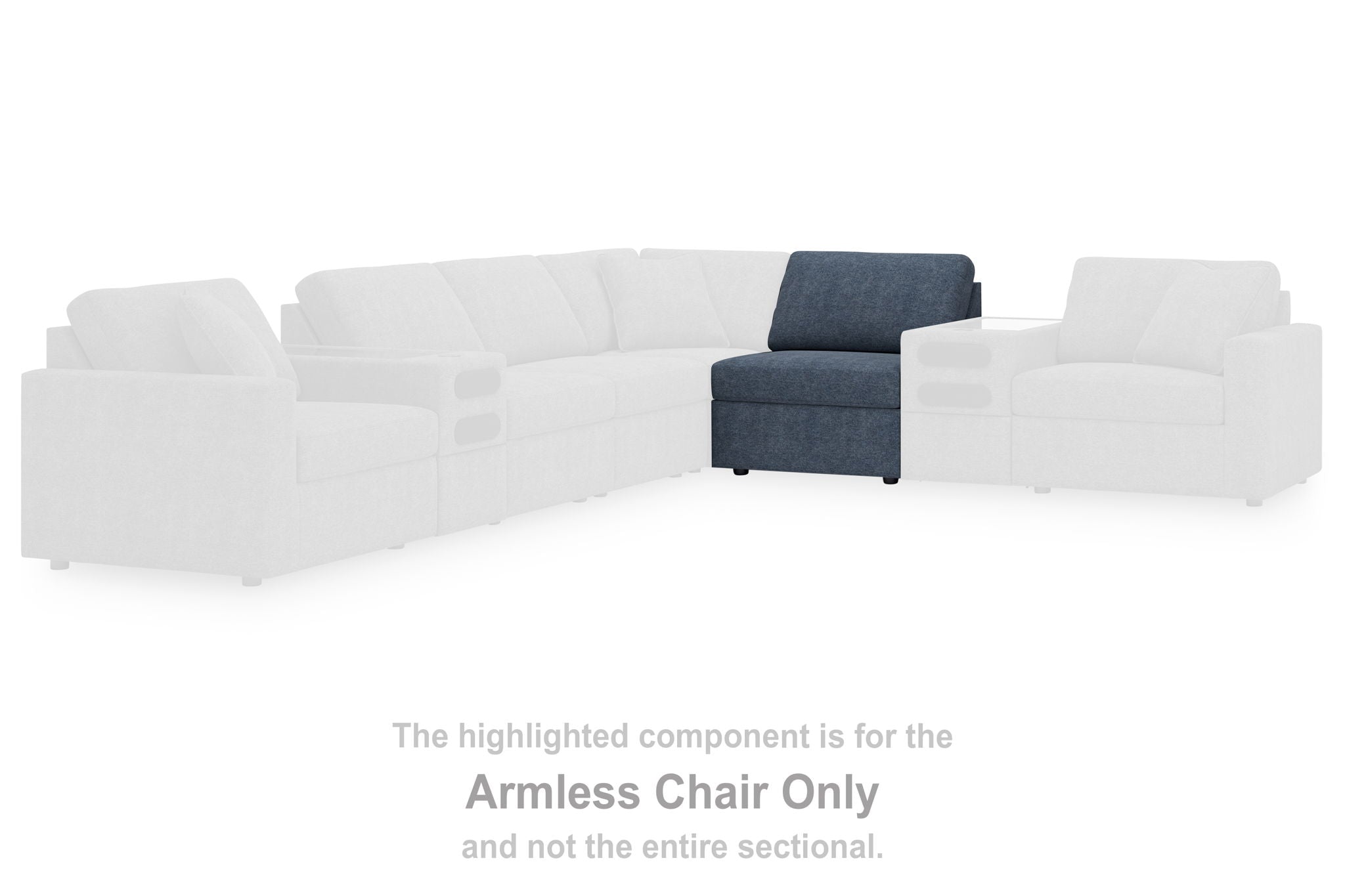 Ink blue armless chair component shown as part of a sectional