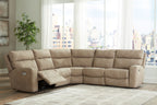 Beige power reclining sectional sofa with corner chaise and padded recliner seats