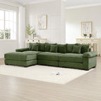 Green corduroy sectional sofa with modular ottoman corner and square armrests