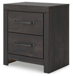Two-drawer nightstand in dark gray with two drawers and curved metal bar handles