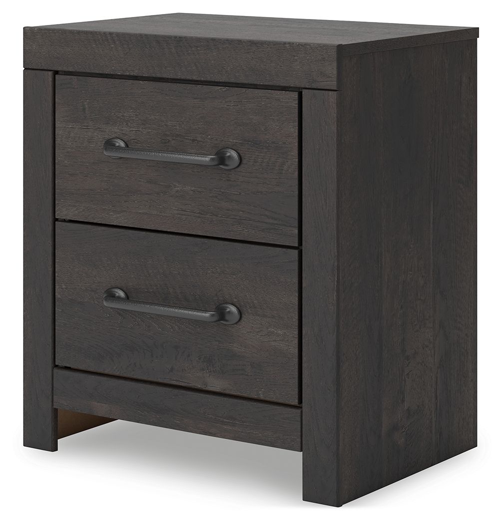 Two-drawer nightstand in dark gray with two drawers and curved metal bar handles