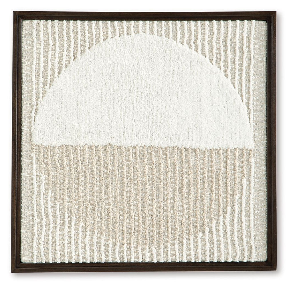 Framed wall decor with tan-and-white textured fabric and a white dome-like shape