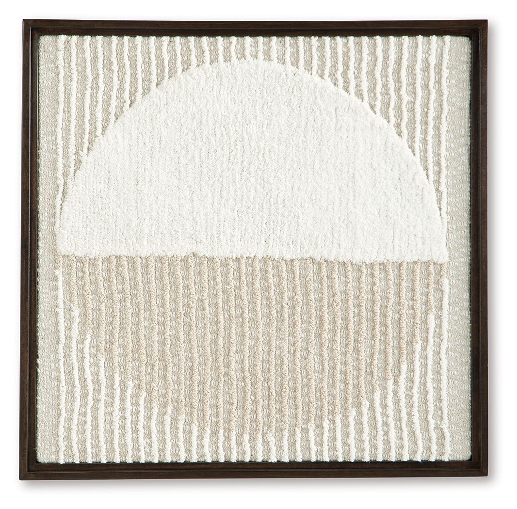 Framed wall decor with tan-and-white textured fabric and a white dome-like shape