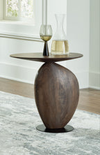 Accent table with dark brown round top and tall pedestal, black base ring