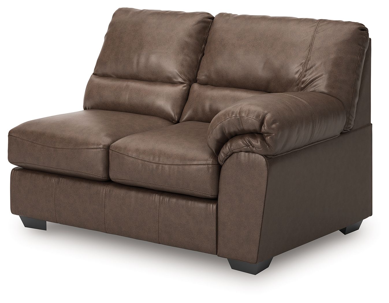 Umber upholstered loveseat with rolled arm and two square back cushions